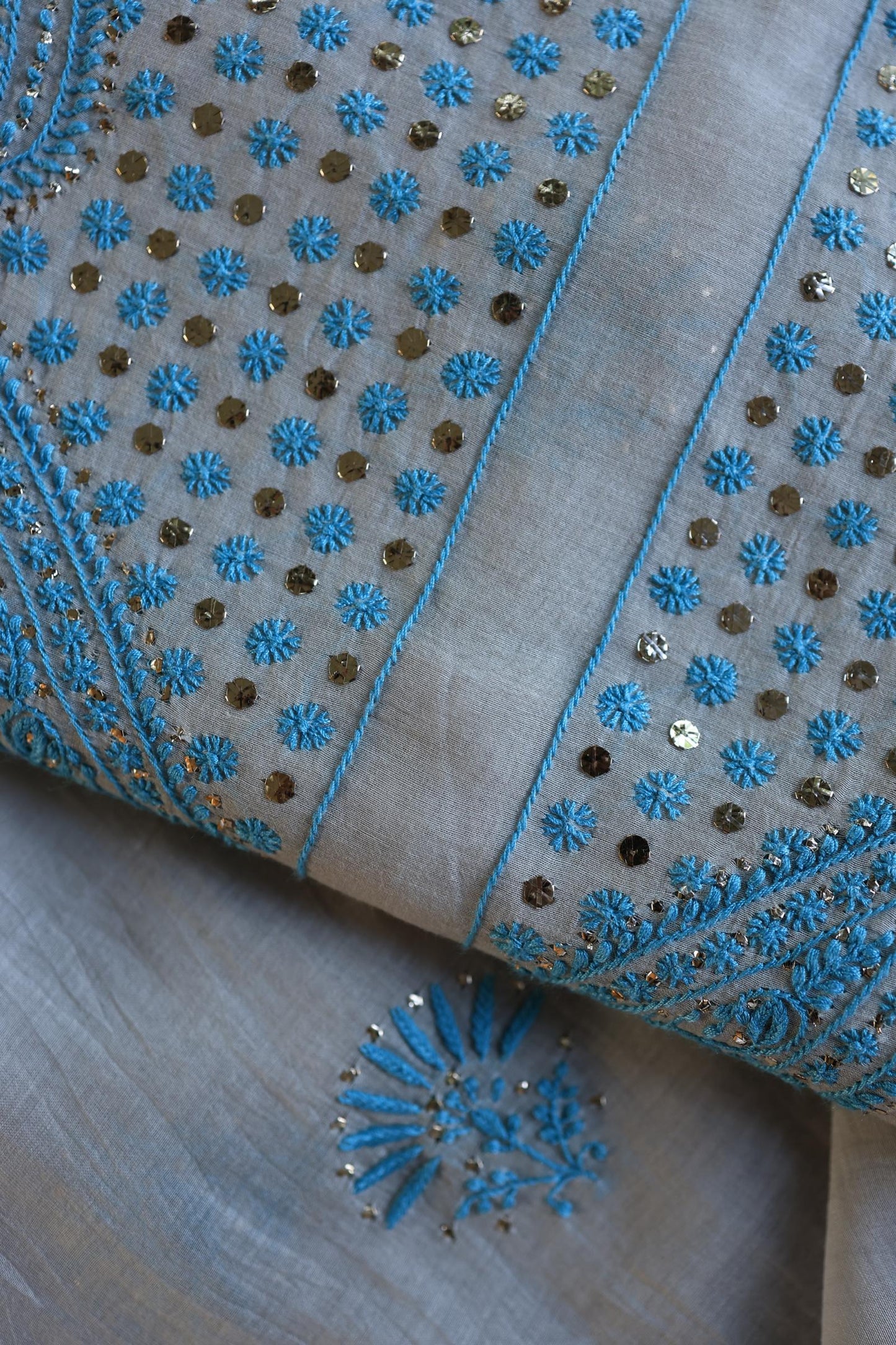 Grey & Blue Mal Cotton Chikankari Unstitched Kurta Dupatta Fabrics With Kamdani