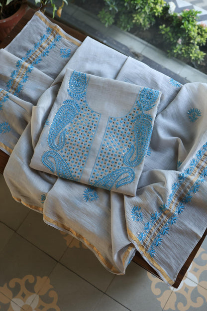 Grey & Blue Mal Cotton Chikankari Unstitched Kurta Dupatta Fabrics With Kamdani