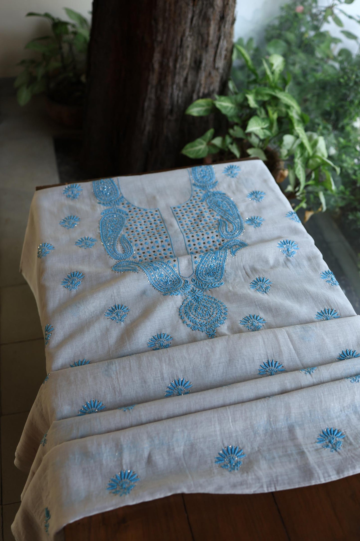 Grey & Blue Mal Cotton Chikankari Unstitched Kurta Dupatta Fabrics With Kamdani