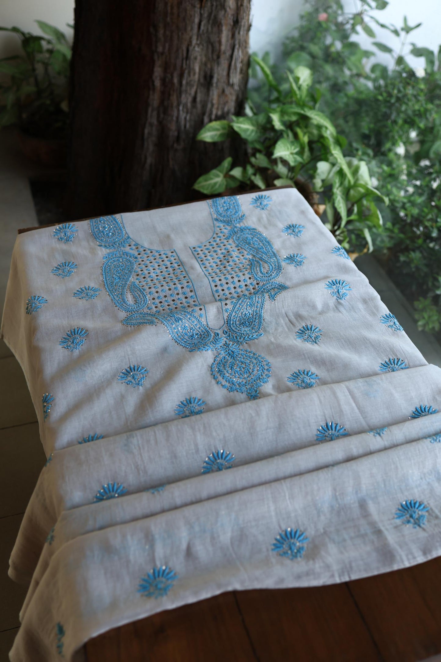Grey & Blue Mal Cotton Chikankari Unstitched Kurta Dupatta Fabrics With Kamdani