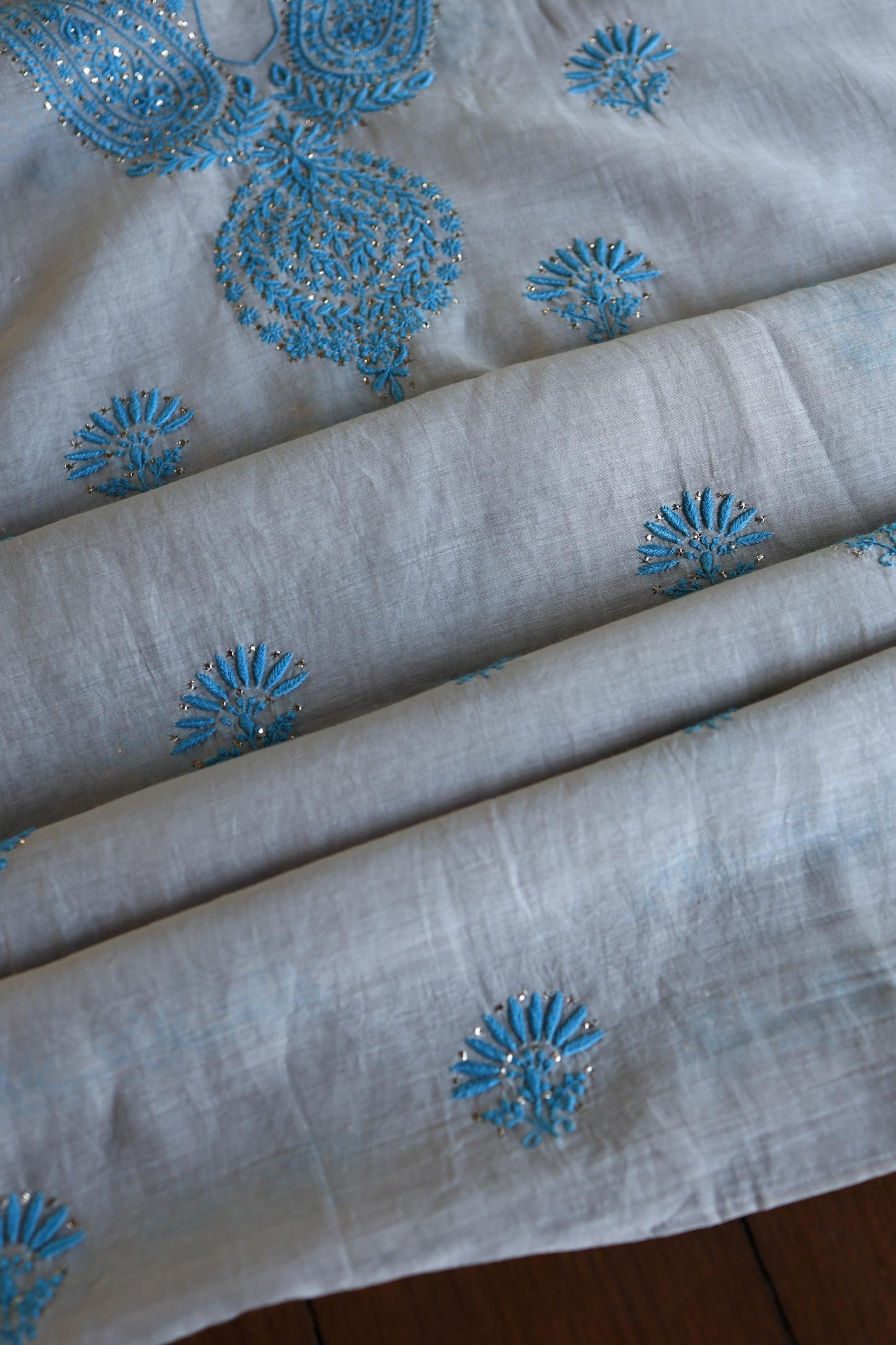 Grey & Blue Mal Cotton Chikankari Unstitched Kurta Dupatta Fabrics With Kamdani