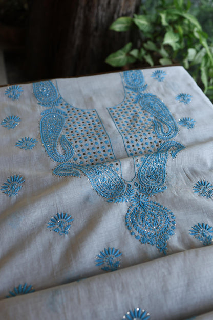 Grey & Blue Mal Cotton Chikankari Unstitched Kurta Dupatta Fabrics With Kamdani
