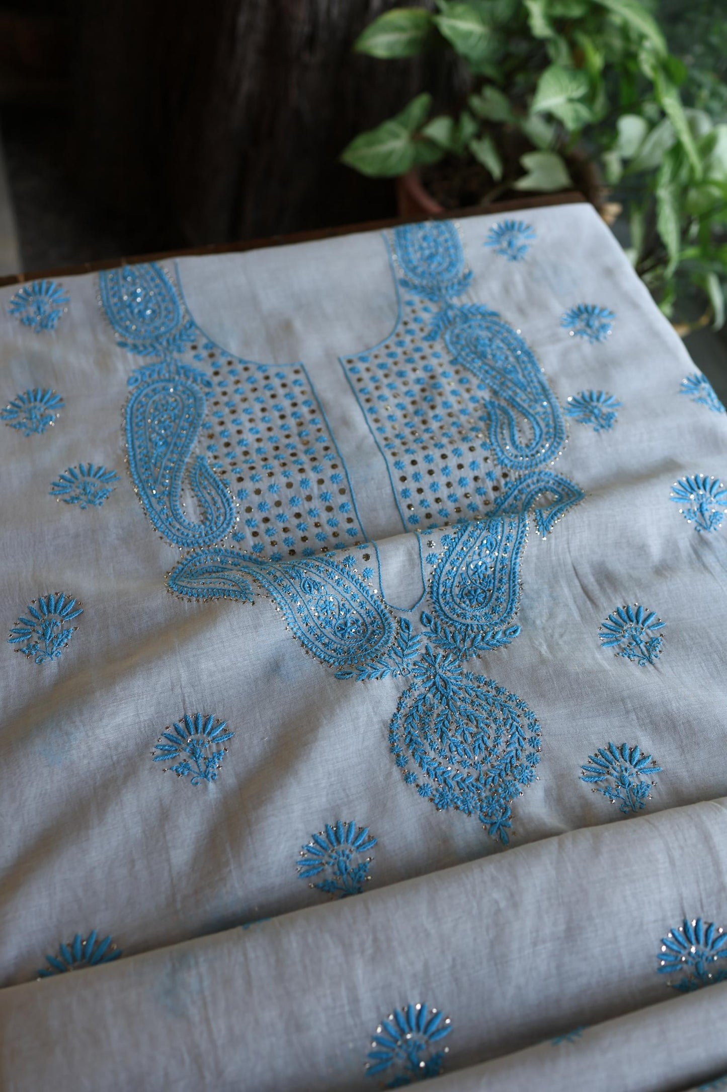 Grey & Blue Mal Cotton Chikankari Unstitched Kurta Dupatta Fabrics With Kamdani