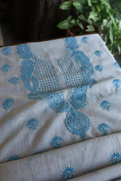 Grey & Blue Mal Cotton Chikankari Unstitched Kurta Dupatta Fabrics With Kamdani