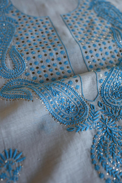 Grey & Blue Mal Cotton Chikankari Unstitched Kurta Dupatta Fabrics With Kamdani