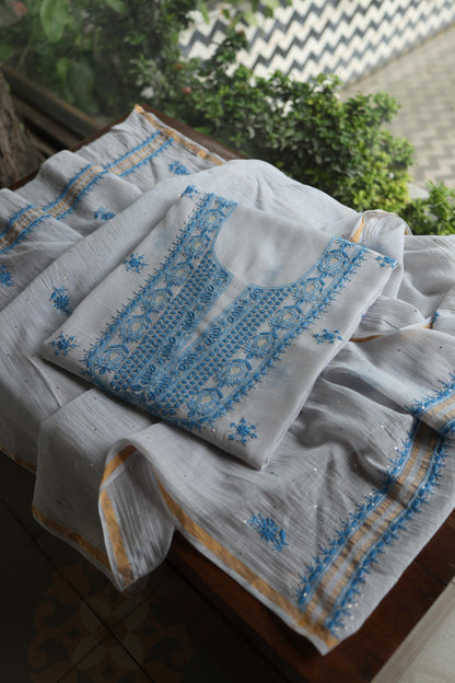 Grey & Blue Shade Mal Cotton Chikankari Unstitched Kurta Dupatta Fabric With Kamdani