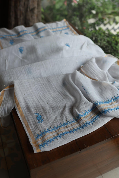 Grey & Blue Shade Mal Cotton Chikankari Unstitched Kurta Dupatta Fabric With Kamdani