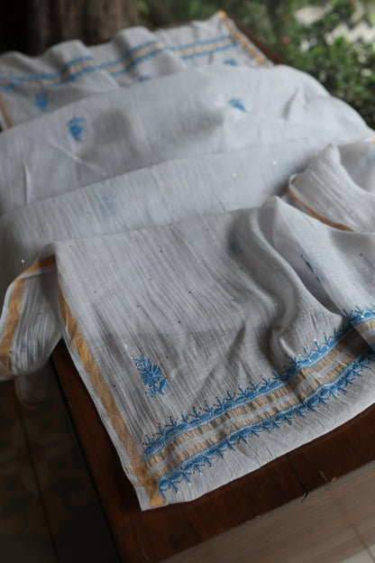 Grey & Blue Shade Mal Cotton Chikankari Unstitched Kurta Dupatta Fabric With Kamdani