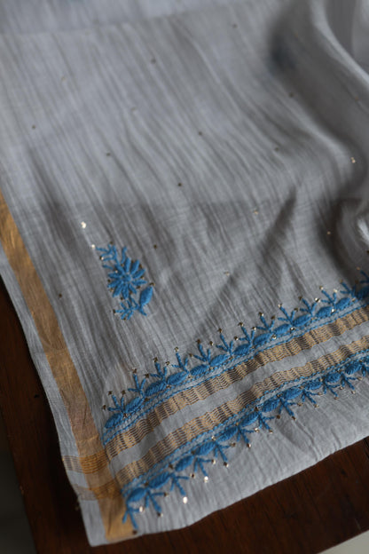 Grey & Blue Shade Mal Cotton Chikankari Unstitched Kurta Dupatta Fabric With Kamdani