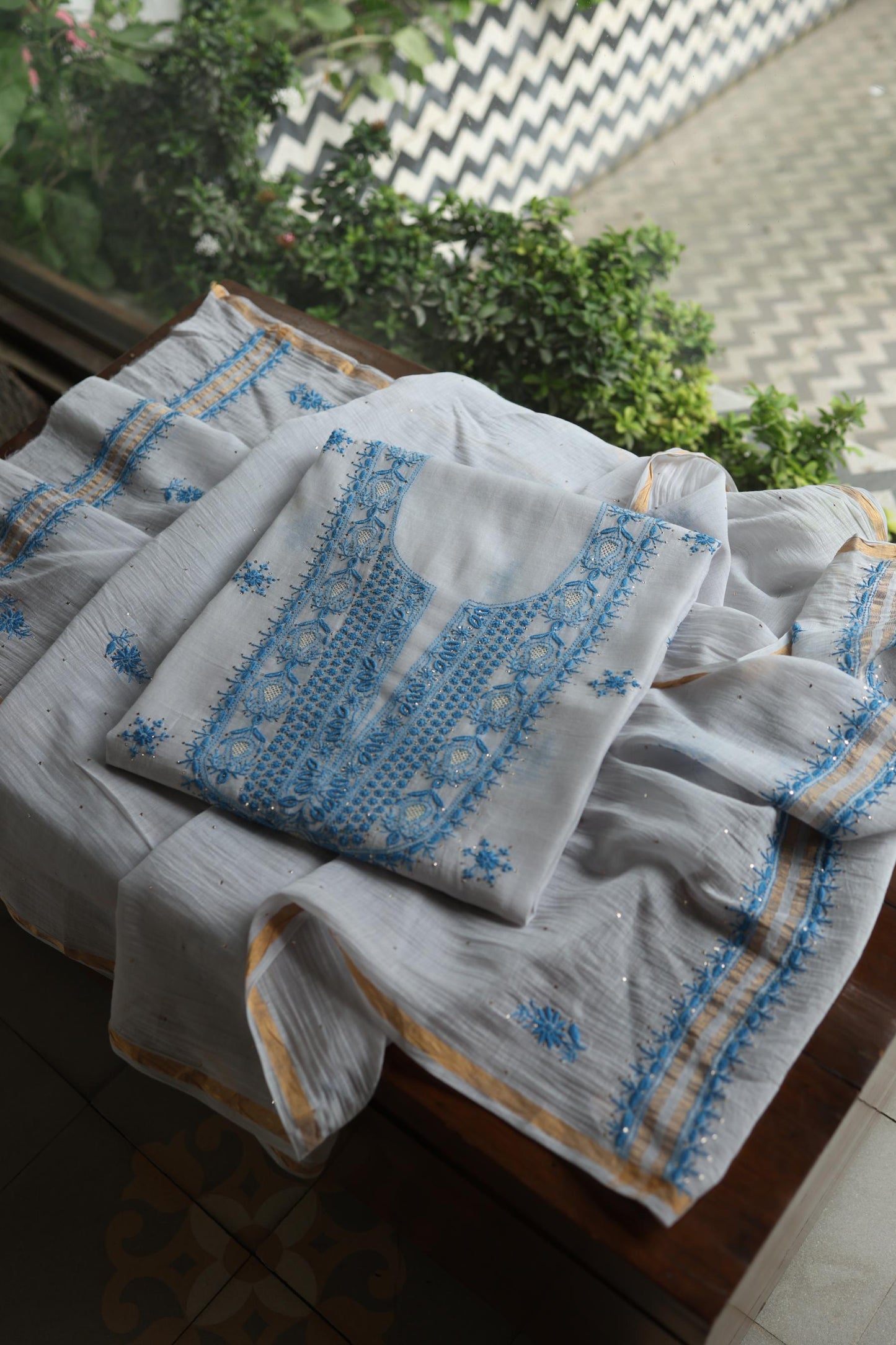 Grey & Blue Shade Mal Cotton Chikankari Unstitched Kurta Dupatta Fabric With Kamdani