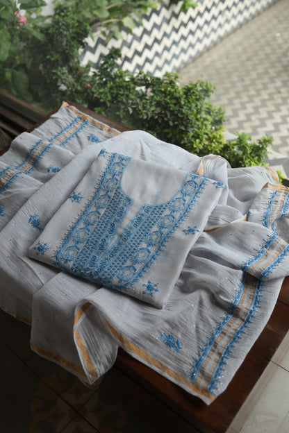 Grey & Blue Shade Mal Cotton Chikankari Unstitched Kurta Dupatta Fabric With Kamdani