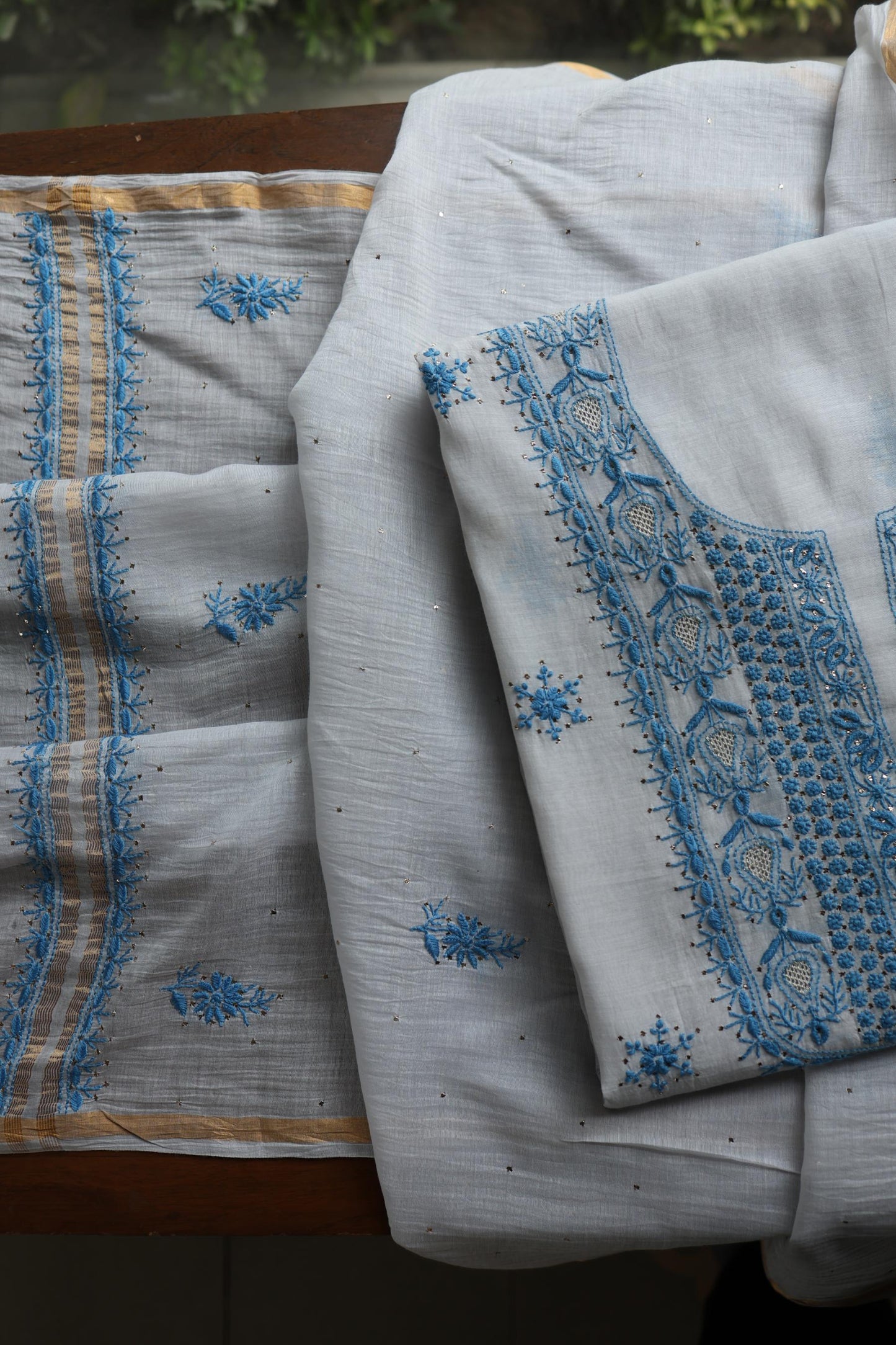 Grey & Blue Shade Mal Cotton Chikankari Unstitched Kurta Dupatta Fabric With Kamdani