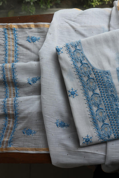 Grey & Blue Shade Mal Cotton Chikankari Unstitched Kurta Dupatta Fabric With Kamdani