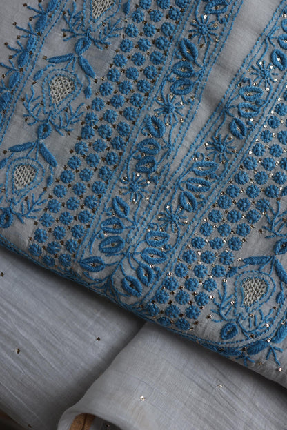 Grey & Blue Shade Mal Cotton Chikankari Unstitched Kurta Dupatta Fabric With Kamdani