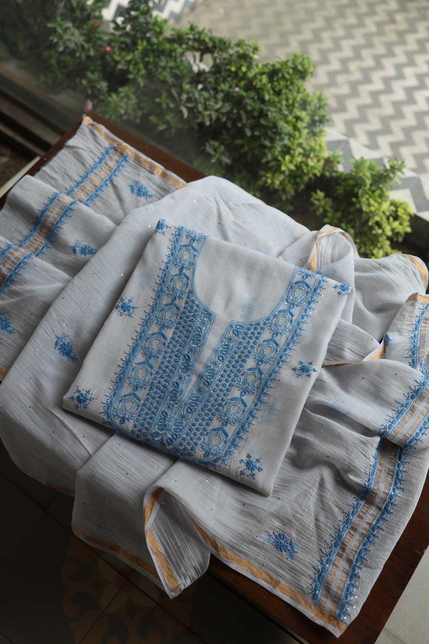 Grey & Blue Shade Mal Cotton Chikankari Unstitched Kurta Dupatta Fabric With Kamdani