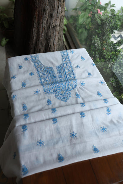 Grey & Blue Shade Mal Cotton Chikankari Unstitched Kurta Dupatta Fabric With Kamdani