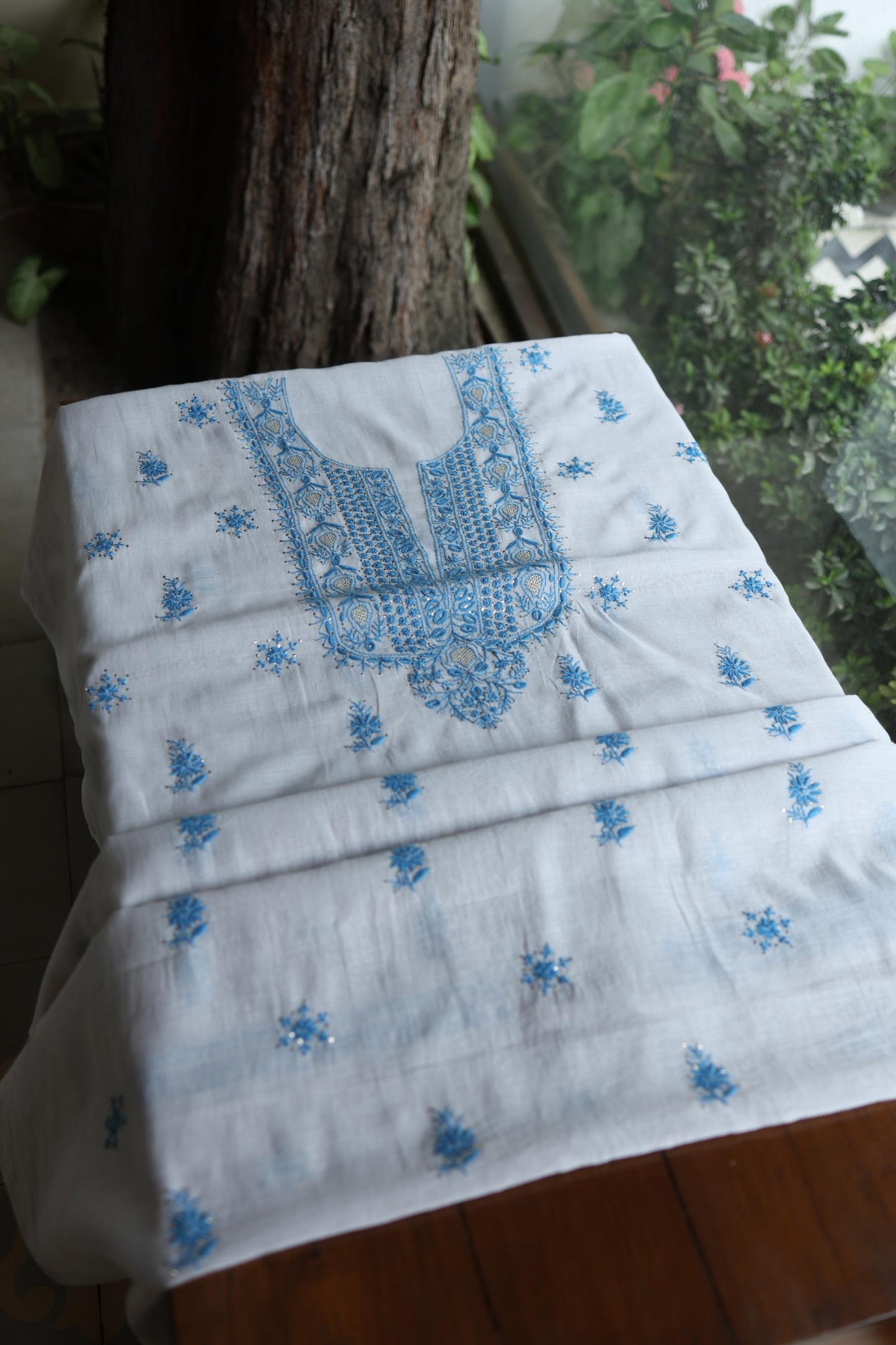 Grey & Blue Shade Mal Cotton Chikankari Unstitched Kurta Dupatta Fabric With Kamdani