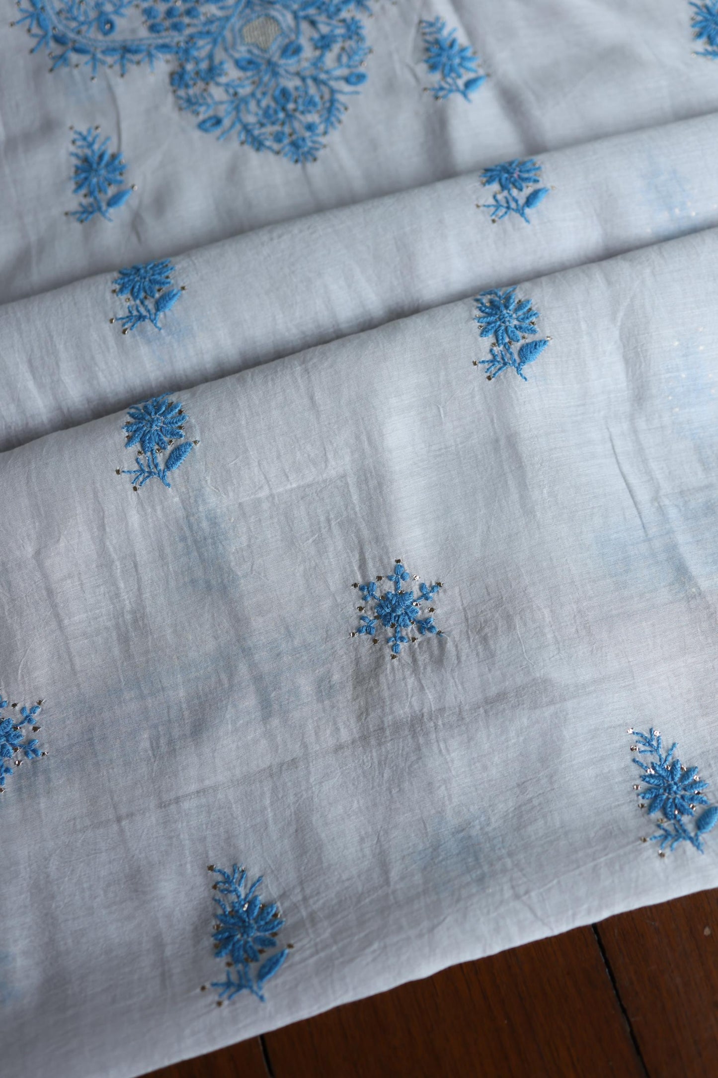 Grey & Blue Shade Mal Cotton Chikankari Unstitched Kurta Dupatta Fabric With Kamdani