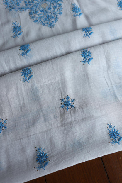 Grey & Blue Shade Mal Cotton Chikankari Unstitched Kurta Dupatta Fabric With Kamdani