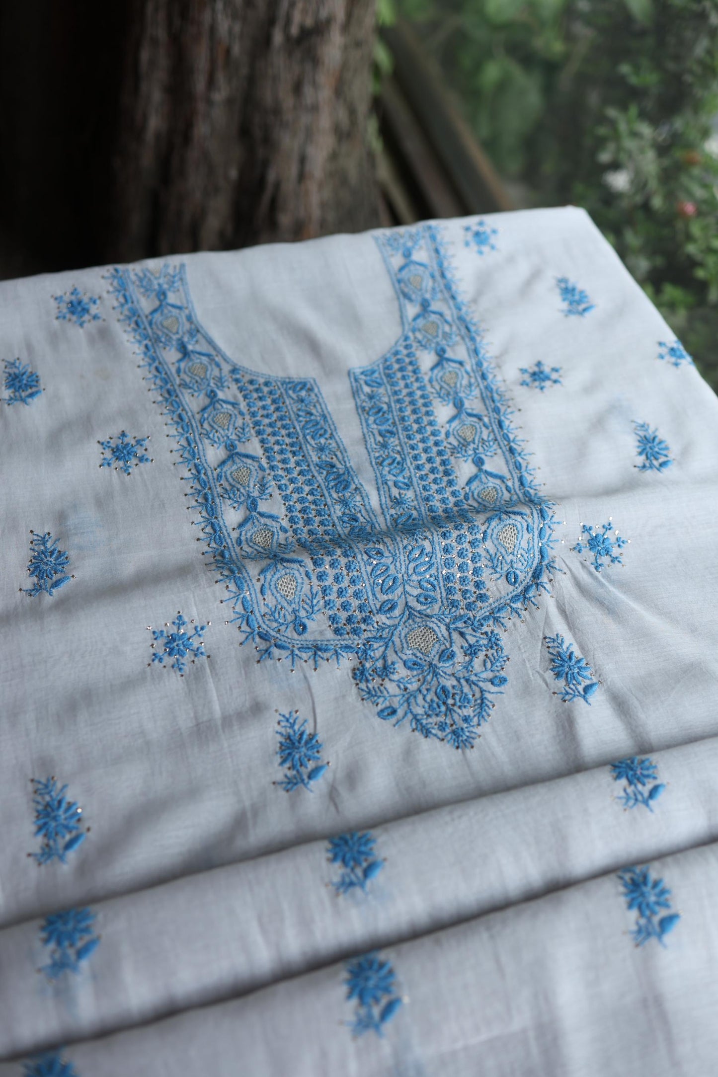 Grey & Blue Shade Mal Cotton Chikankari Unstitched Kurta Dupatta Fabric With Kamdani