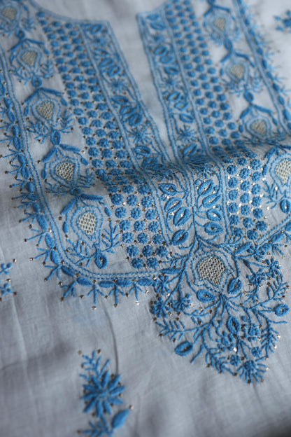 Grey & Blue Shade Mal Cotton Chikankari Unstitched Kurta Dupatta Fabric With Kamdani