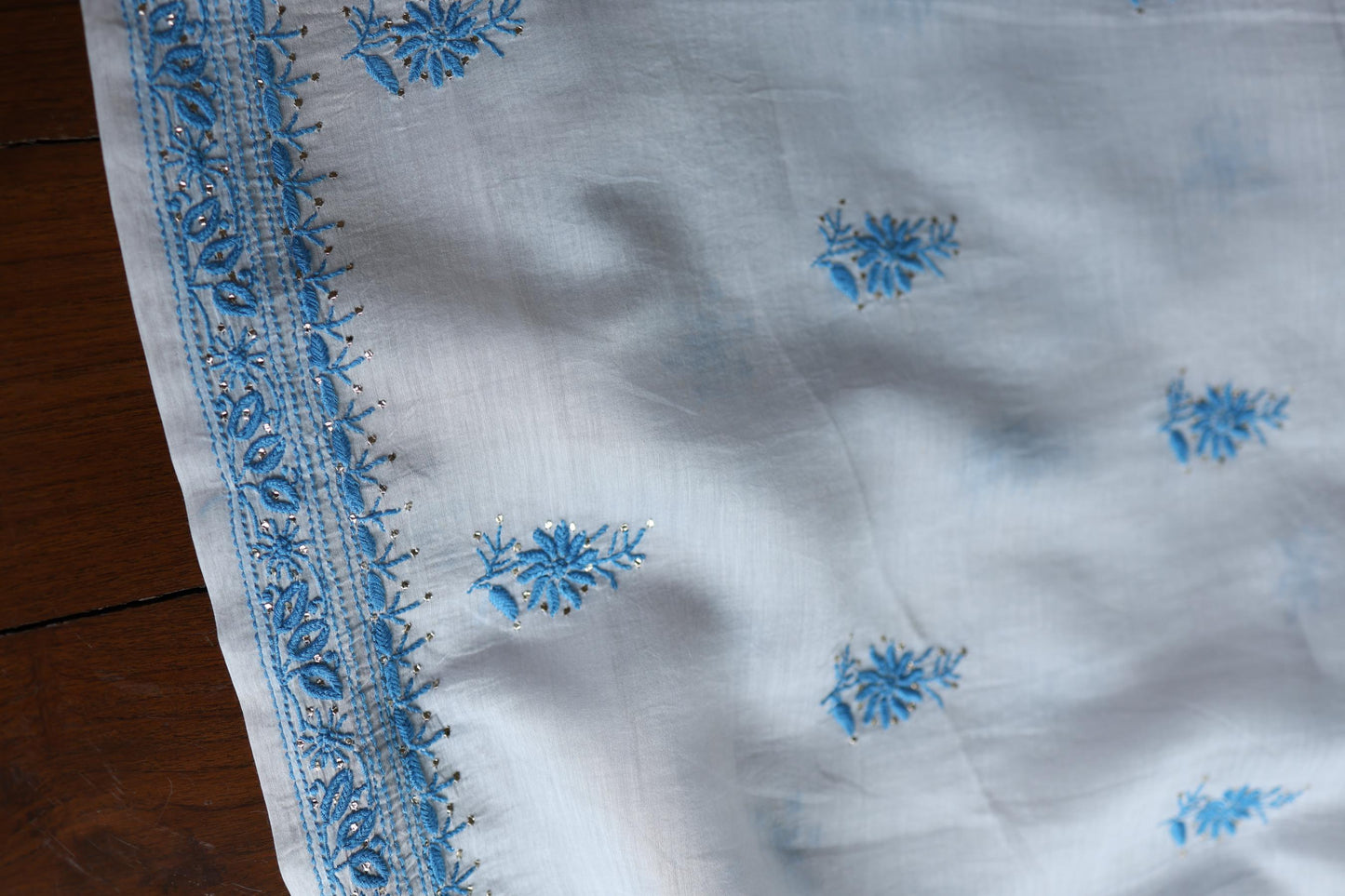 Grey & Blue Shade Mal Cotton Chikankari Unstitched Kurta Dupatta Fabric With Kamdani