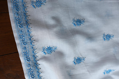 Grey & Blue Shade Mal Cotton Chikankari Unstitched Kurta Dupatta Fabric With Kamdani