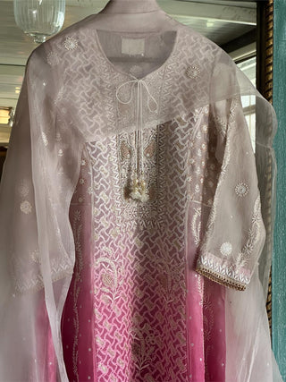 Grey & Magenta Ombre Shade Noor Organza Chikankari Anarkali