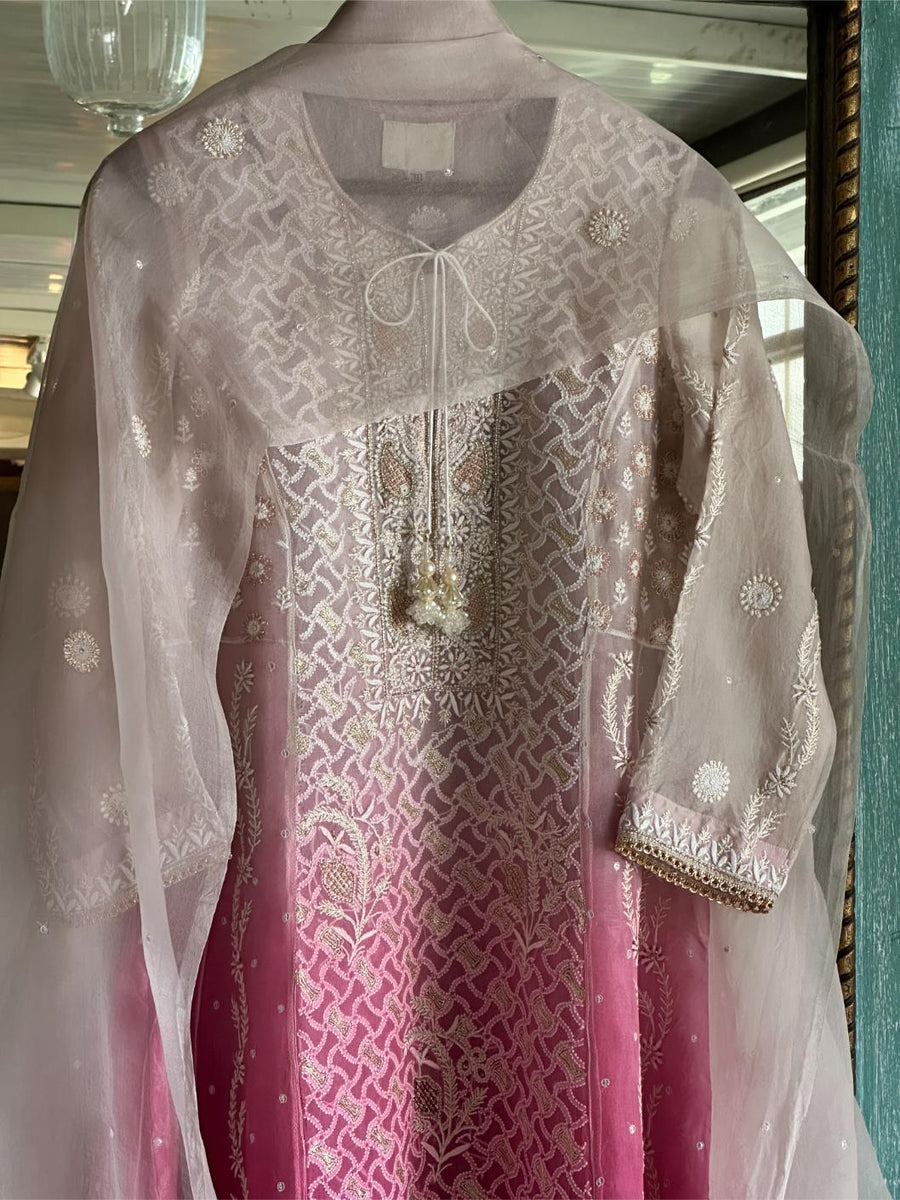 Grey & Magenta Ombre Shade Noor Organza Chikankari Anarkali