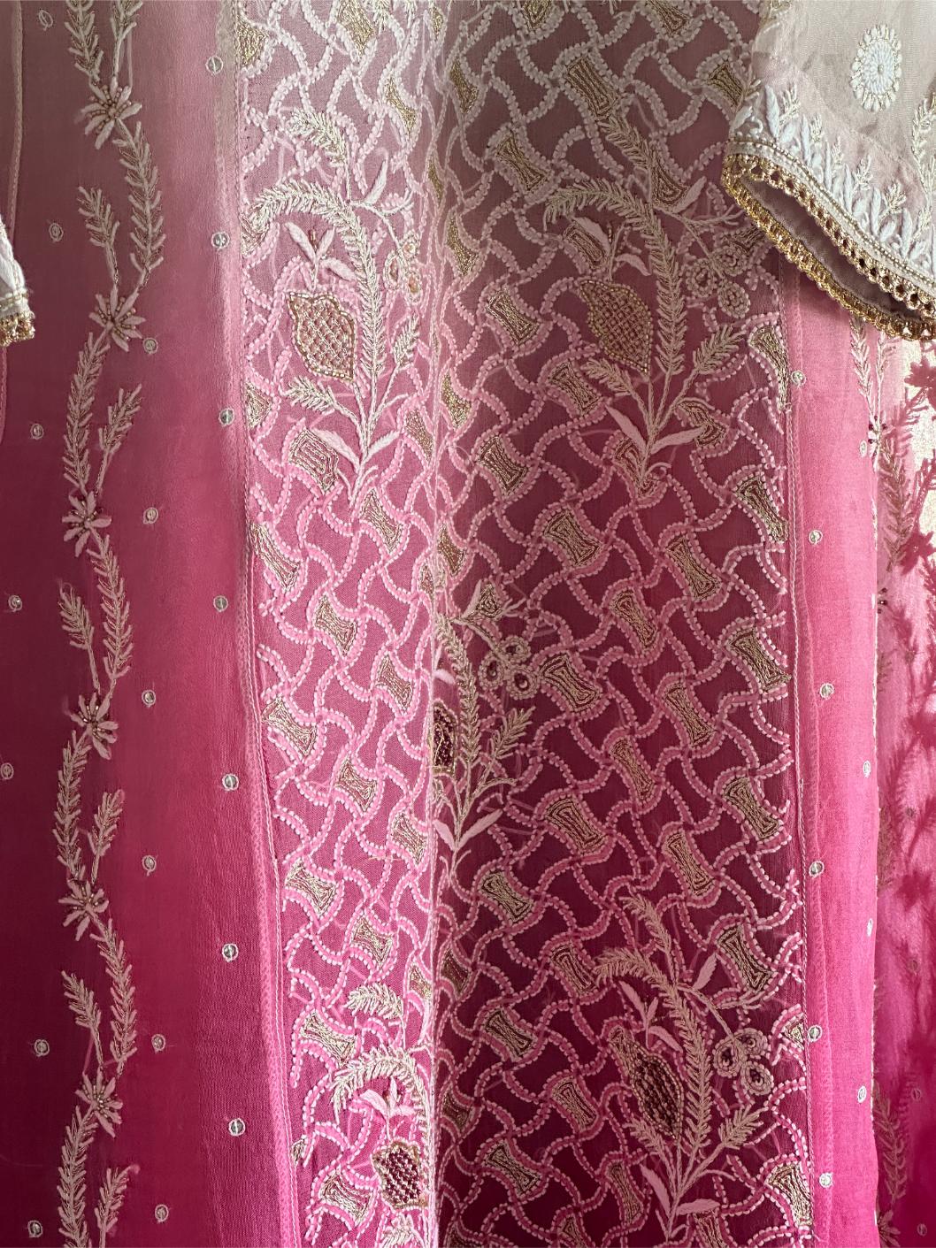 Grey & Magenta Ombre Shade Noor Organza Chikankari Anarkali
