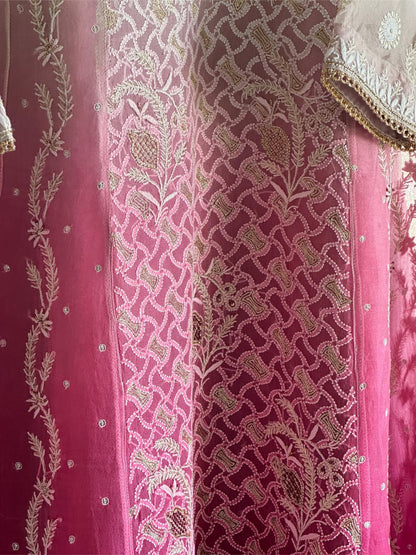 Grey & Magenta Ombre Shade Noor Organza Chikankari Anarkali