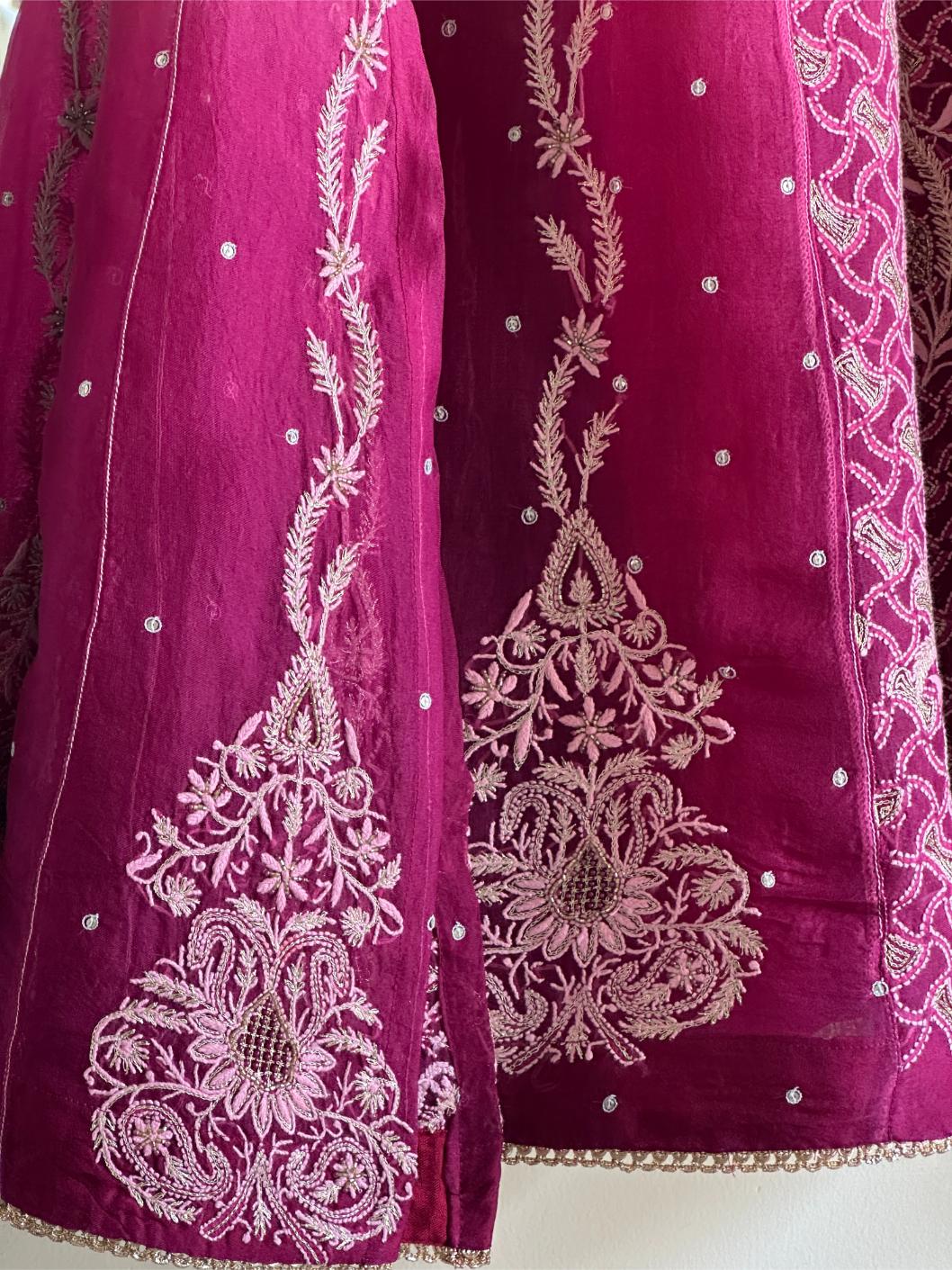 Grey & Magenta Ombre Shade Noor Organza Chikankari Anarkali