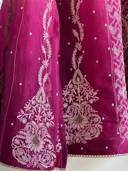 Grey & Magenta Ombre Shade Noor Organza Chikankari Anarkali