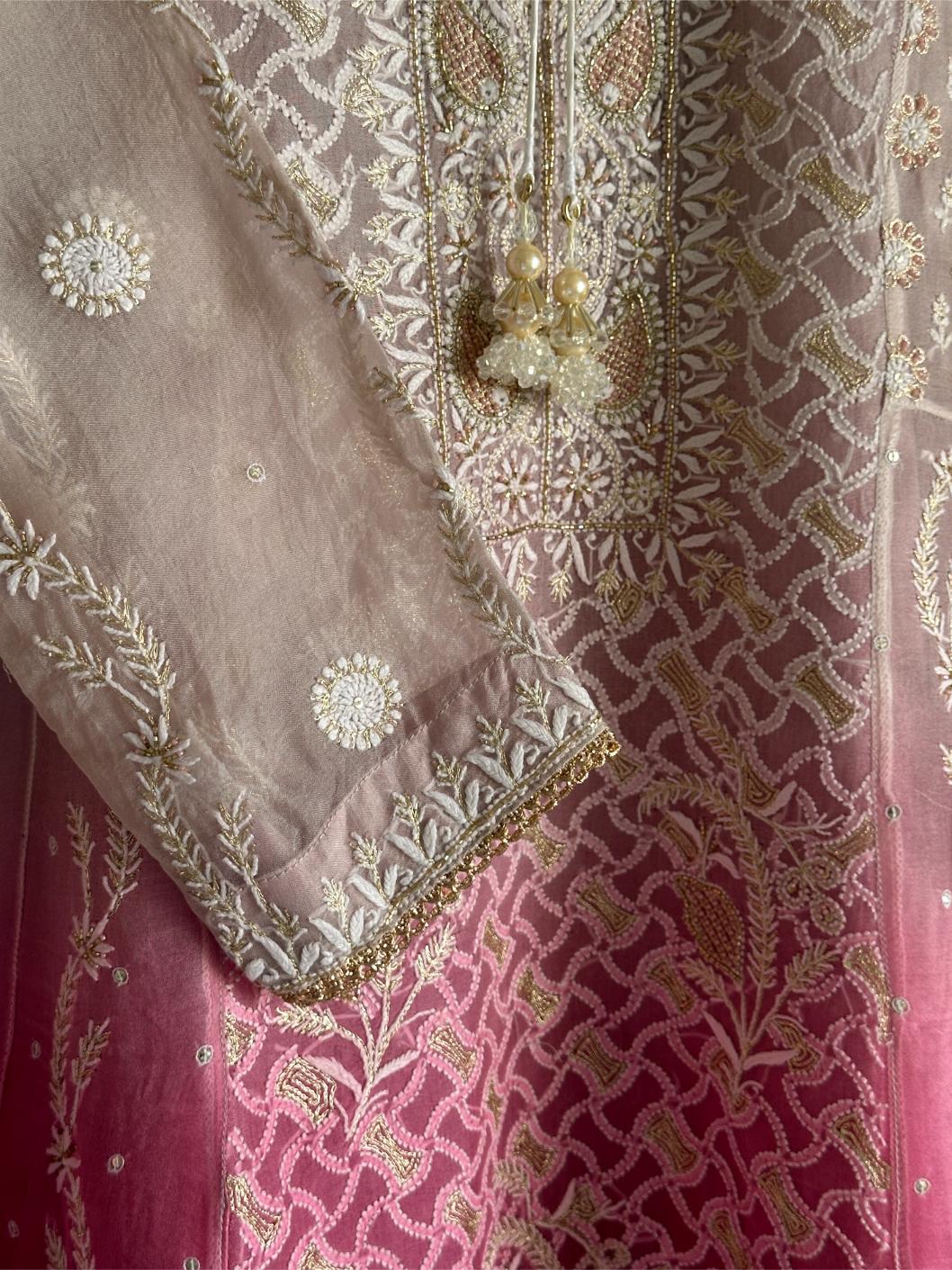 Grey & Magenta Ombre Shade Noor Organza Chikankari Anarkali