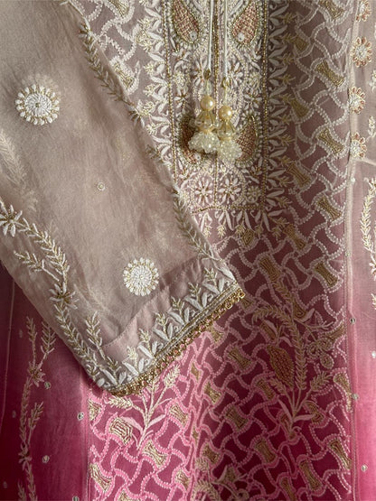 Grey & Magenta Ombre Shade Noor Organza Chikankari Anarkali