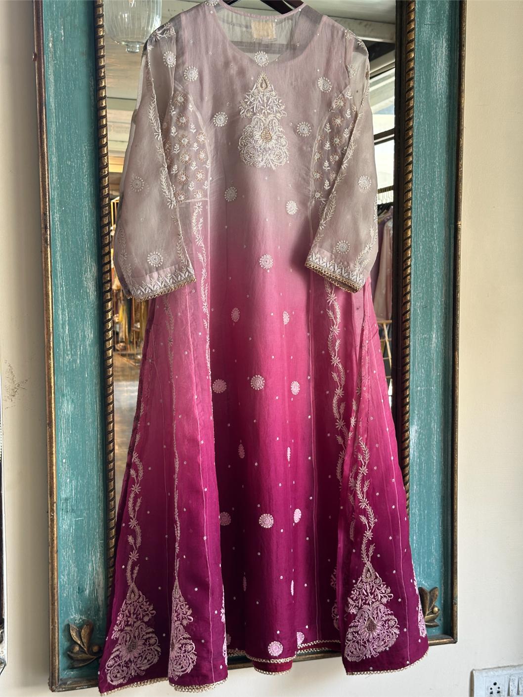 Grey & Magenta Ombre Shade Noor Organza Chikankari Anarkali