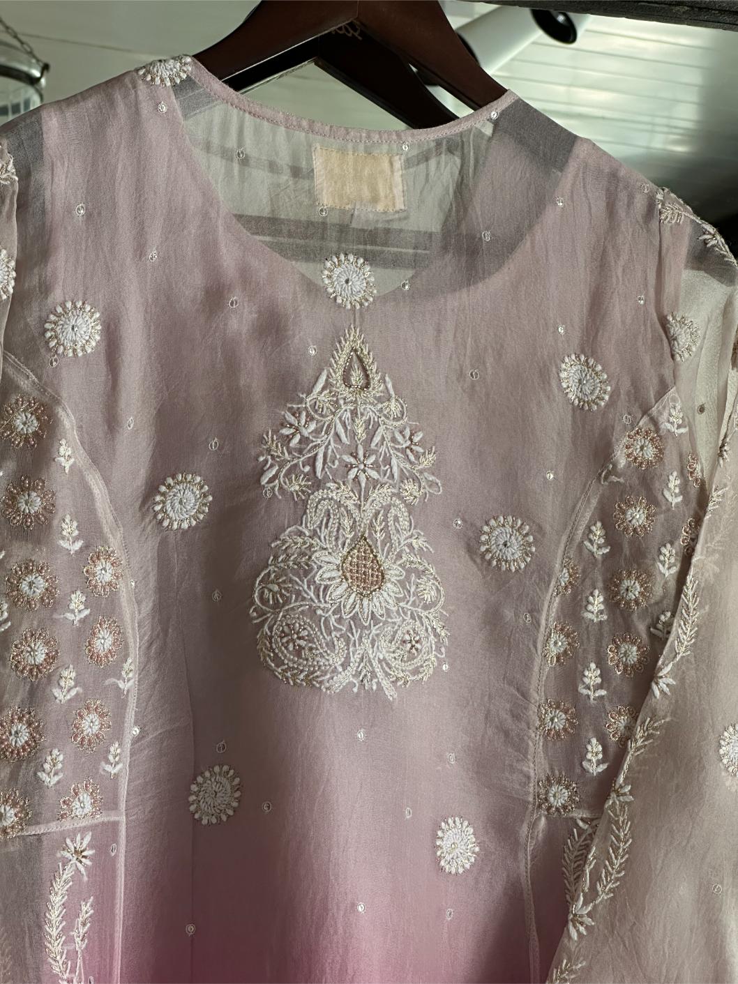 Grey & Magenta Ombre Shade Noor Organza Chikankari Anarkali