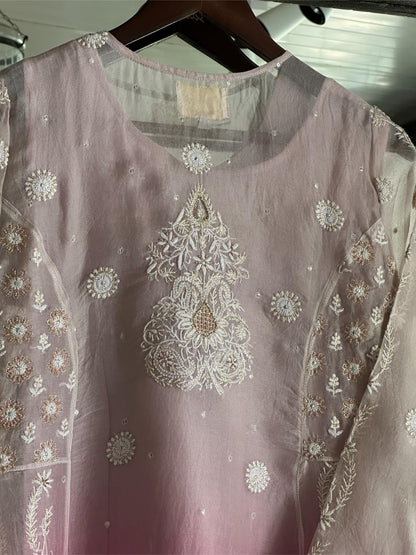 Grey & Magenta Ombre Shade Noor Organza Chikankari Anarkali