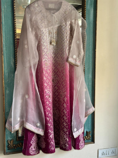 Grey & Magenta Ombre Shade Noor Organza Chikankari Anarkali
