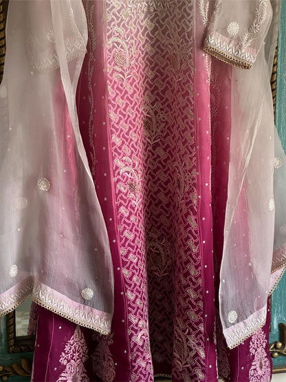 Grey & Magenta Ombre Shade Noor Organza Chikankari Anarkali