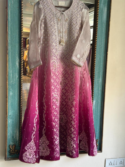 Grey & Magenta Ombre Shade Noor Organza Chikankari Anarkali