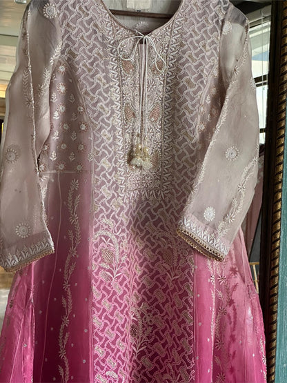 Grey & Magenta Ombre Shade Noor Organza Chikankari Anarkali