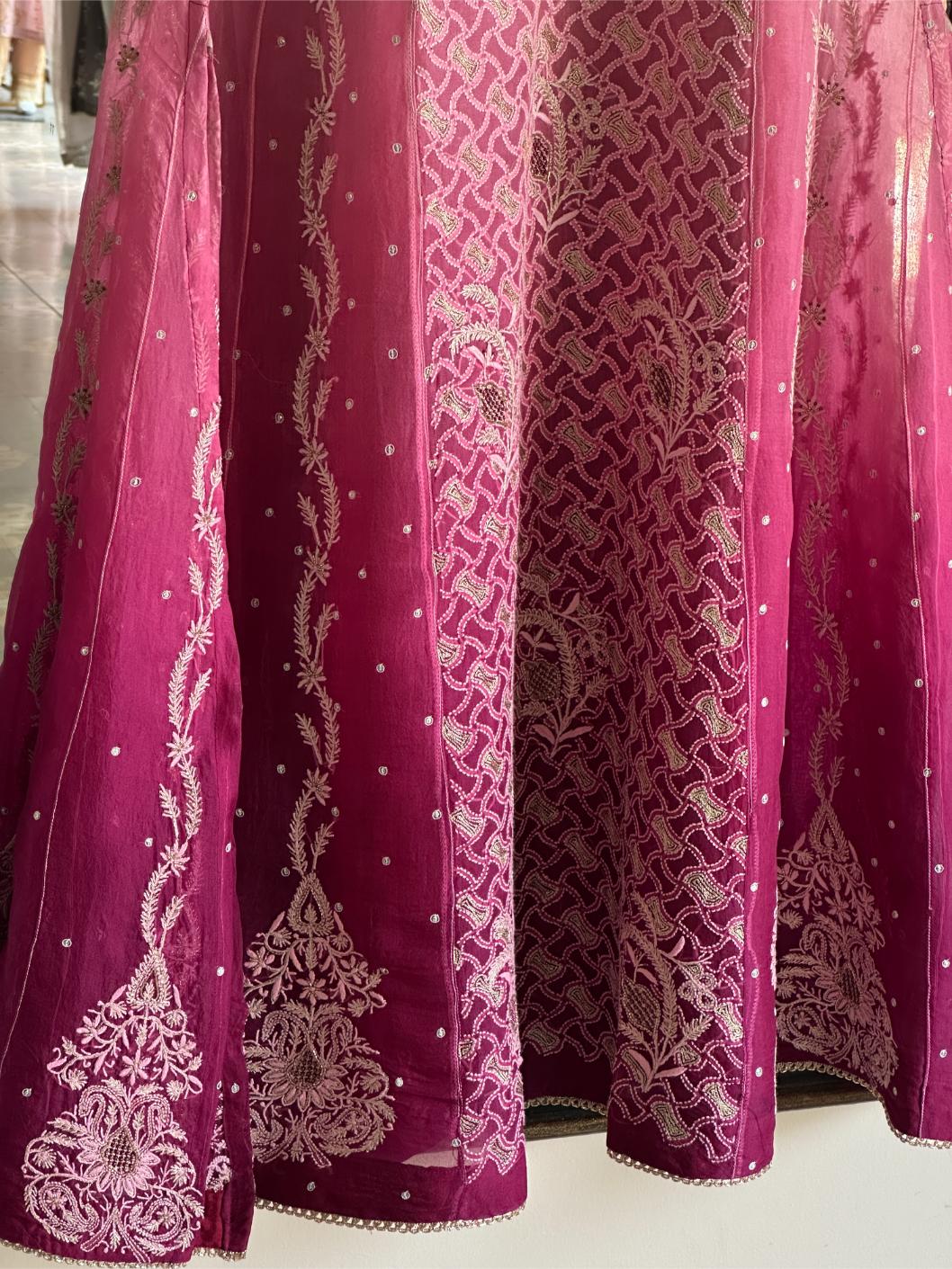 Grey & Magenta Ombre Shade Noor Organza Chikankari Anarkali