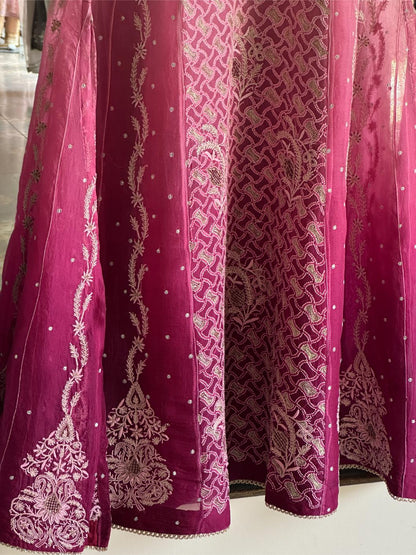 Grey & Magenta Ombre Shade Noor Organza Chikankari Anarkali