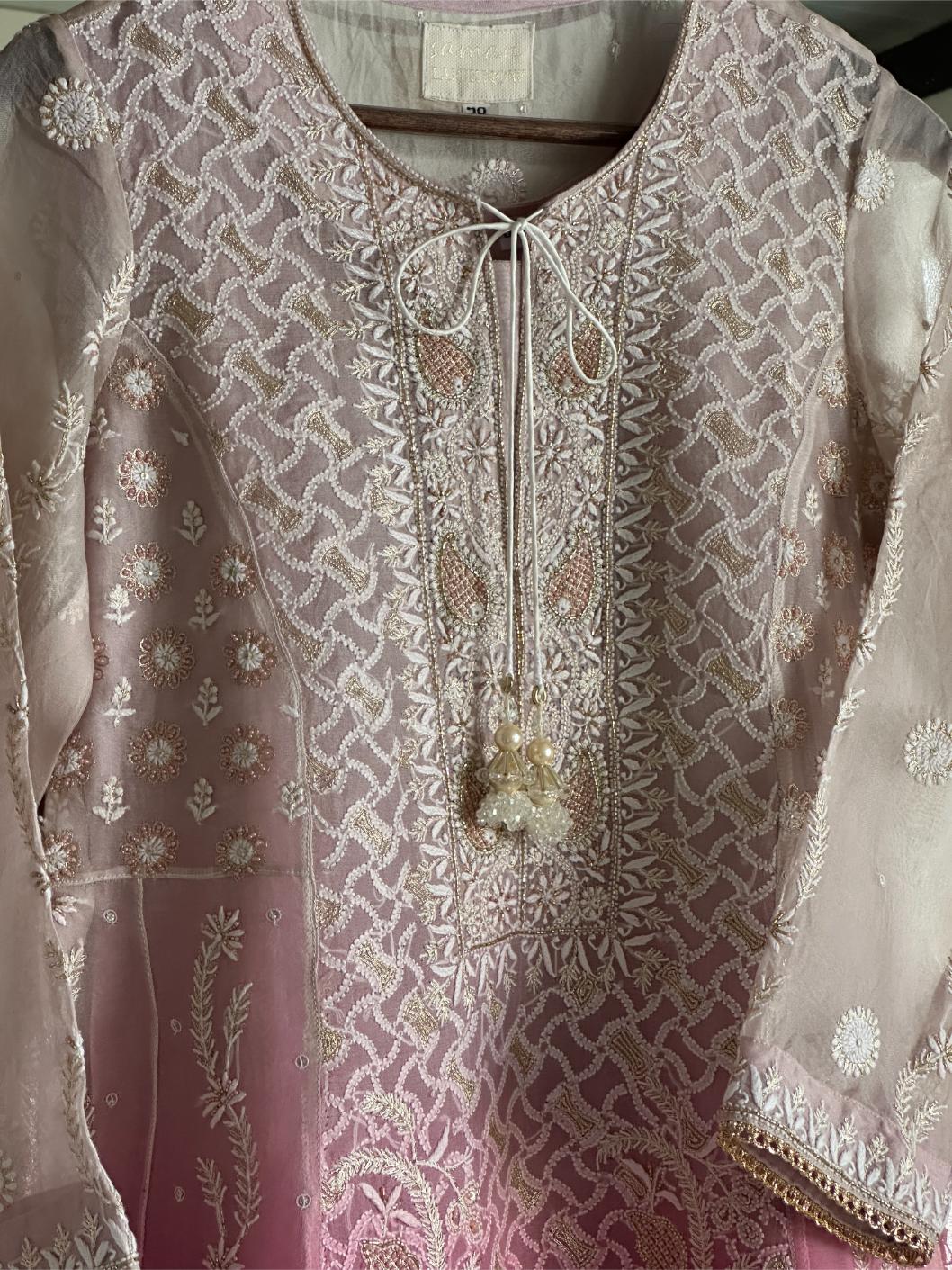 Grey & Magenta Ombre Shade Noor Organza Chikankari Anarkali