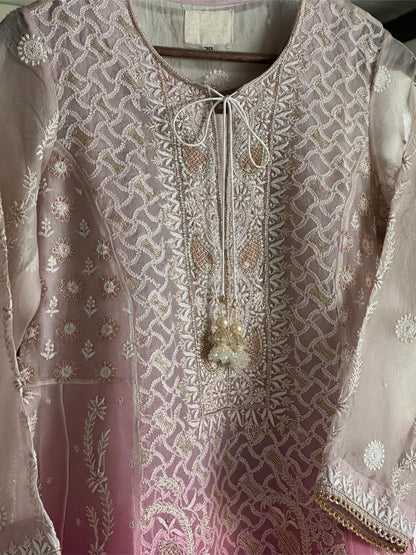 Grey & Magenta Ombre Shade Noor Organza Chikankari Anarkali