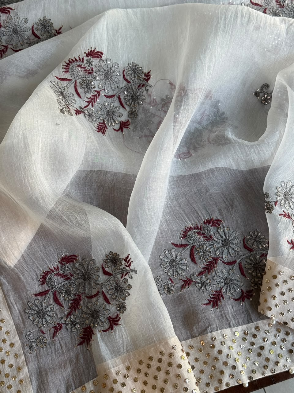 Grey & Maroon Noor Organza Floral Motif Chikankari Dupatta