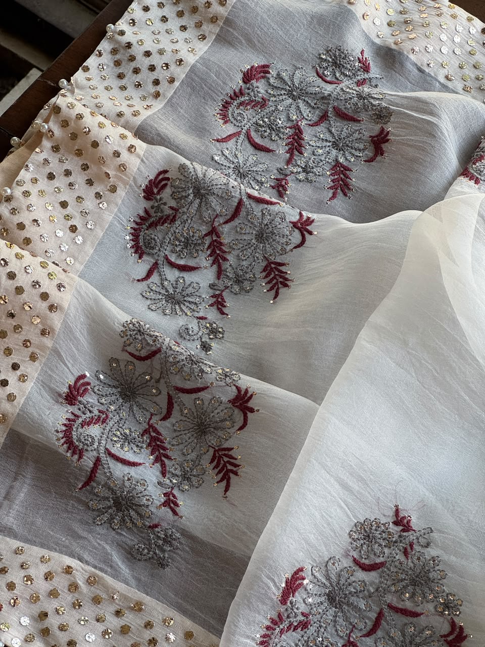 Grey & Maroon Noor Organza Floral Motif Chikankari Dupatta