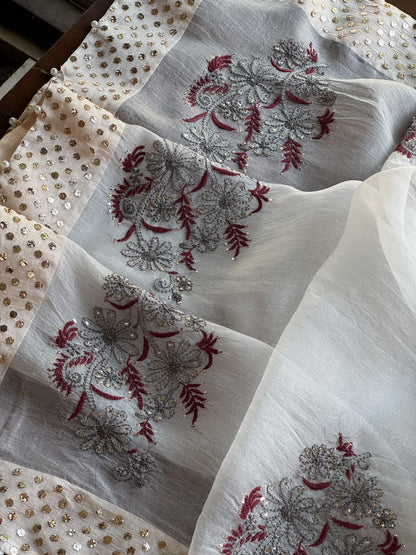 Grey & Maroon Noor Organza Floral Motif Chikankari Dupatta