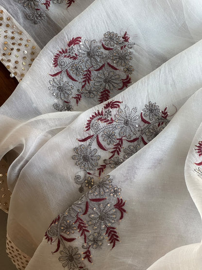 Grey & Maroon Noor Organza Floral Motif Chikankari Dupatta